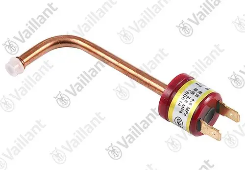 Kupferrohr mit gebogenem Ende und elektrischen Anschlüssen, markiert mit "Vaillant", möglicherweise ein Hochdruckschalter für Klimaanlagen.